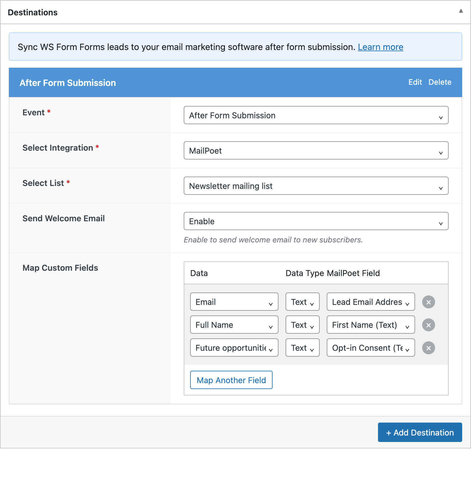 WS Form sync rule with the consent checkbox mapped to Opt-in Consent