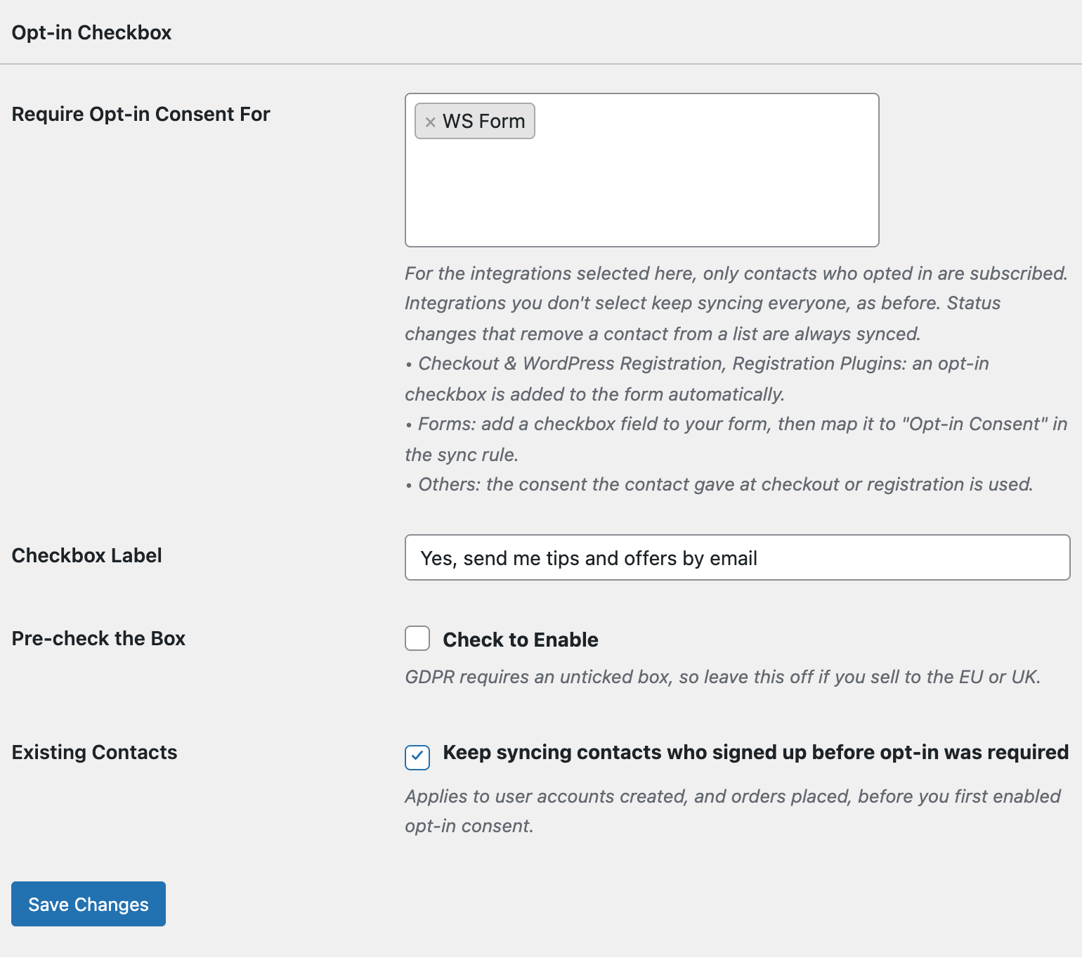Opt-in Checkbox settings in FuseWP with WS Form selected